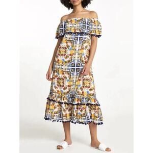River Island Off The Shoulder Pom Pom Citrus Print Maxi Dress Size S, Boho Gypsy
